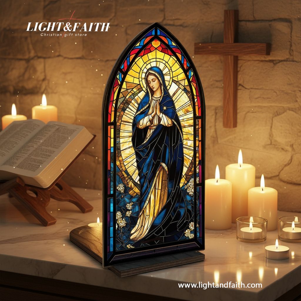 Virgin Mary Book Nook Decor, Stained Glass Window Style LED Light, Our Lady Religious Home Altar Decoration, Christian Faith Gift for Prayer and Blessing BNLAF21